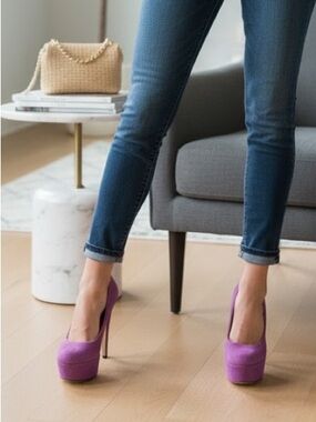 Purple suede Diane von Furstenberg round-toe platform pumps